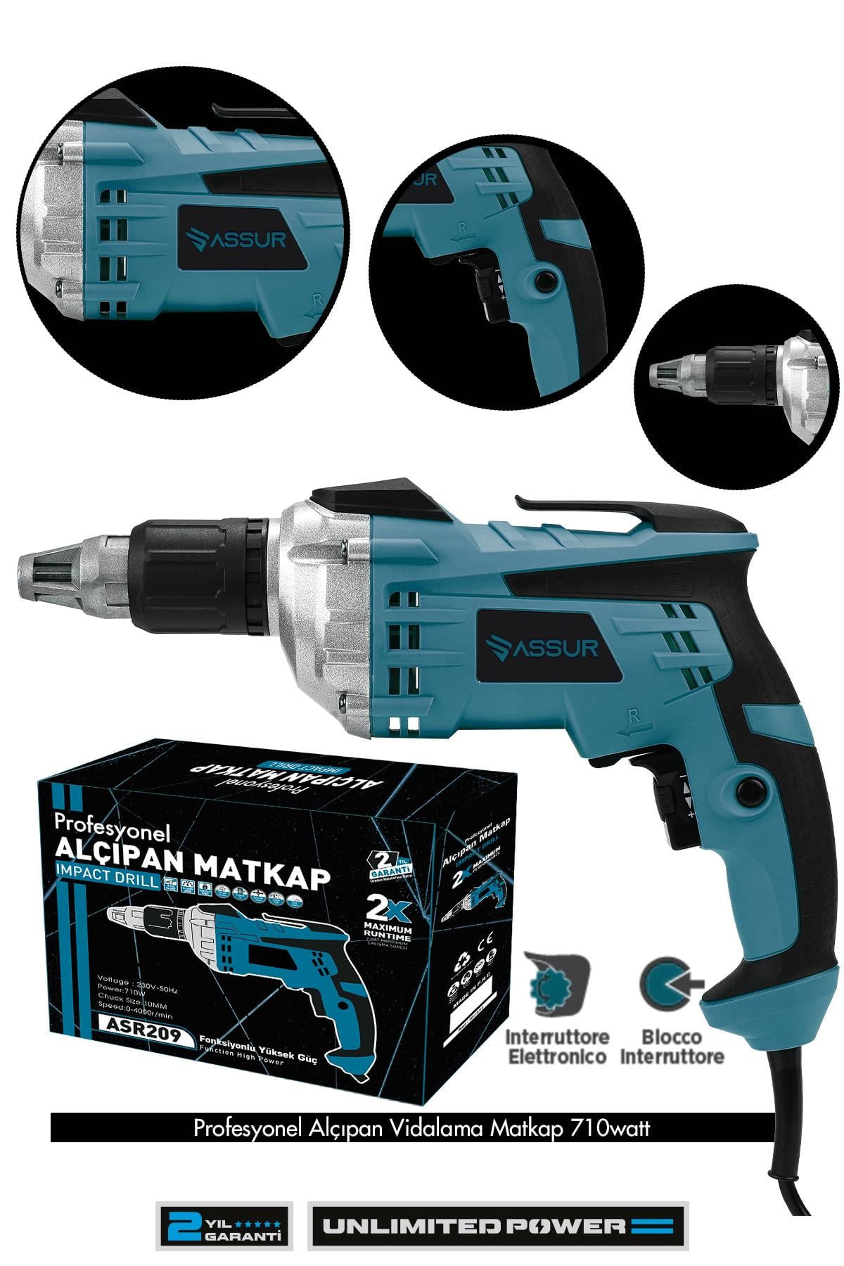 Assur 710W Elektirikli Matkap 90N.m Alçıpan Vidalama Tabancası