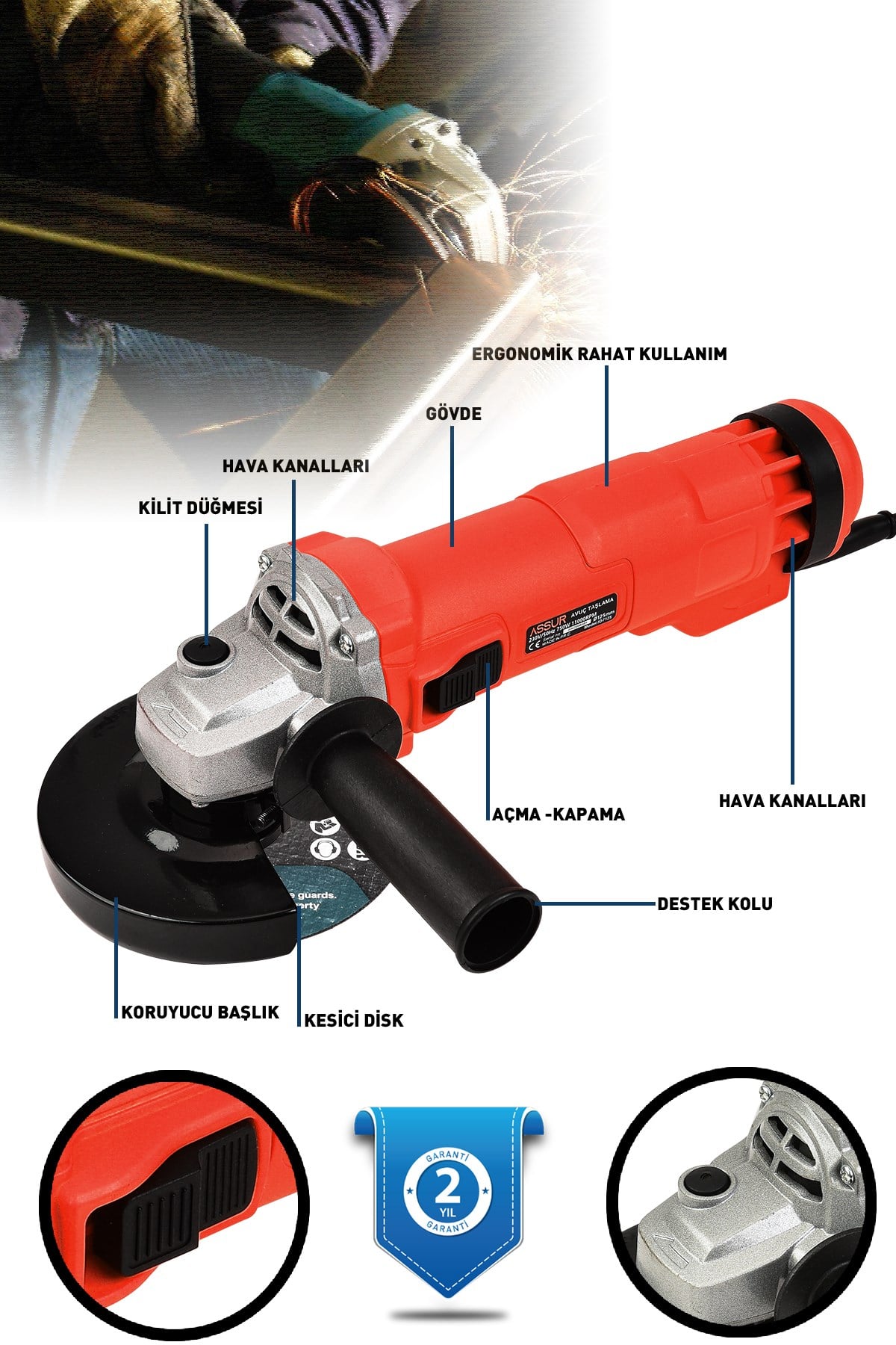 Assur 750W Avuç Taşlama Makinesi 125mm Bakır Sargılı Spiral