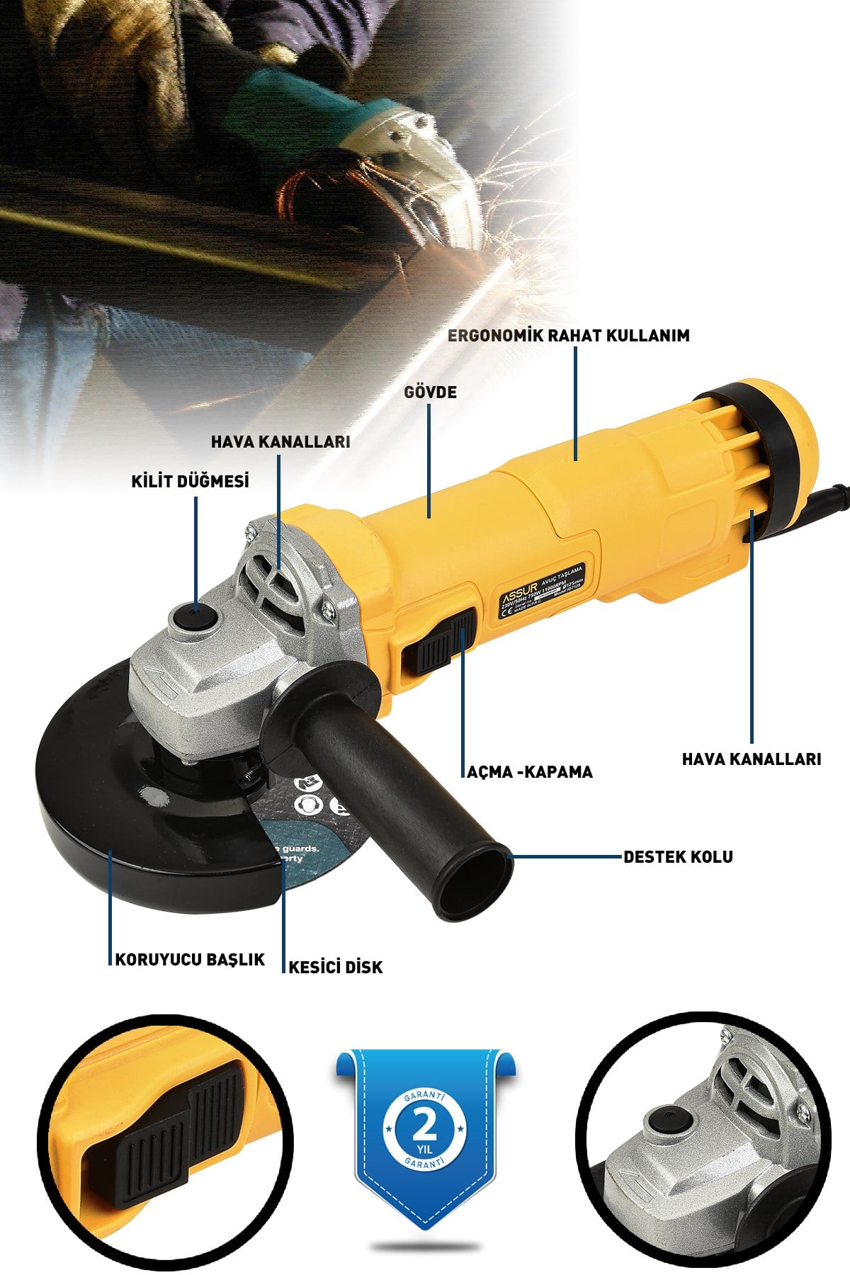 Assur 750W Avuç Taşlama Makinesi 125mm Bakır Sargılı Spiral