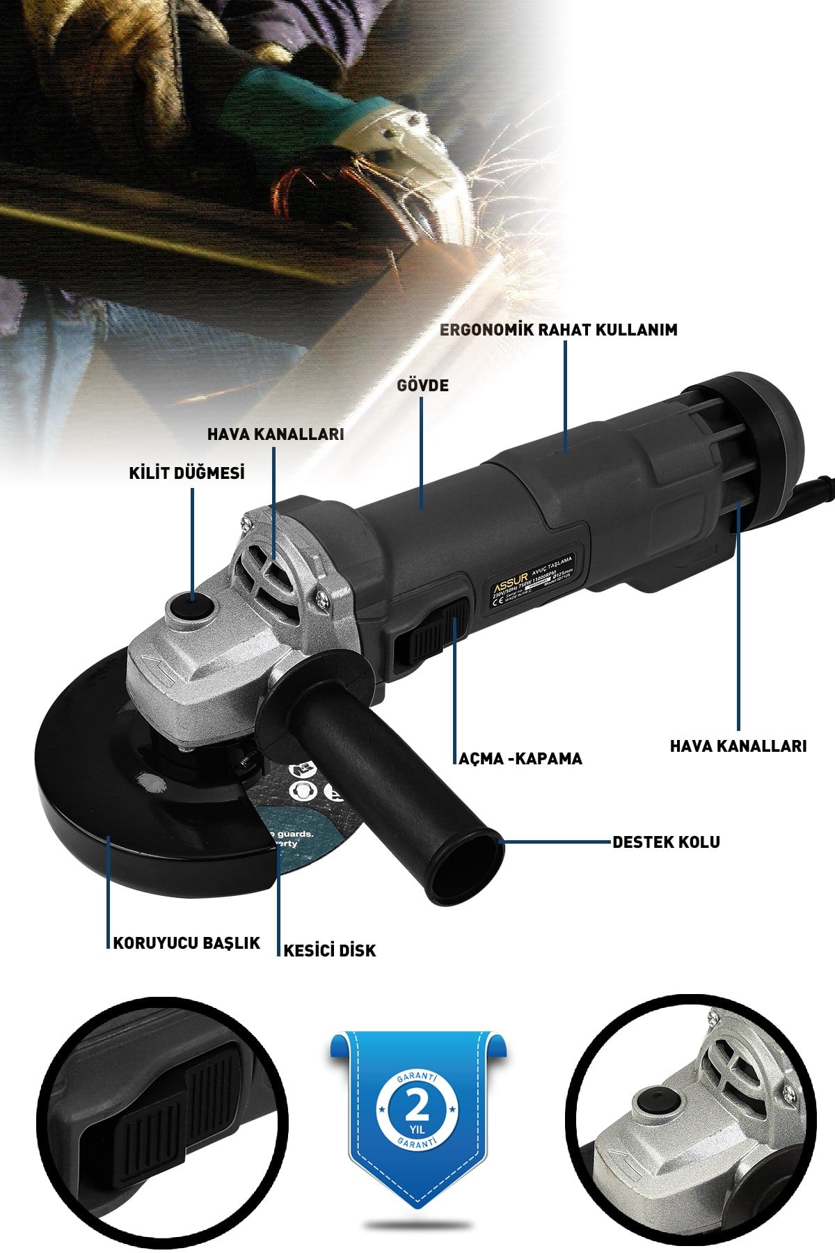 Assur 750W Avuç Taşlama Makinesi 125mm Bakır Sargılı Spiral