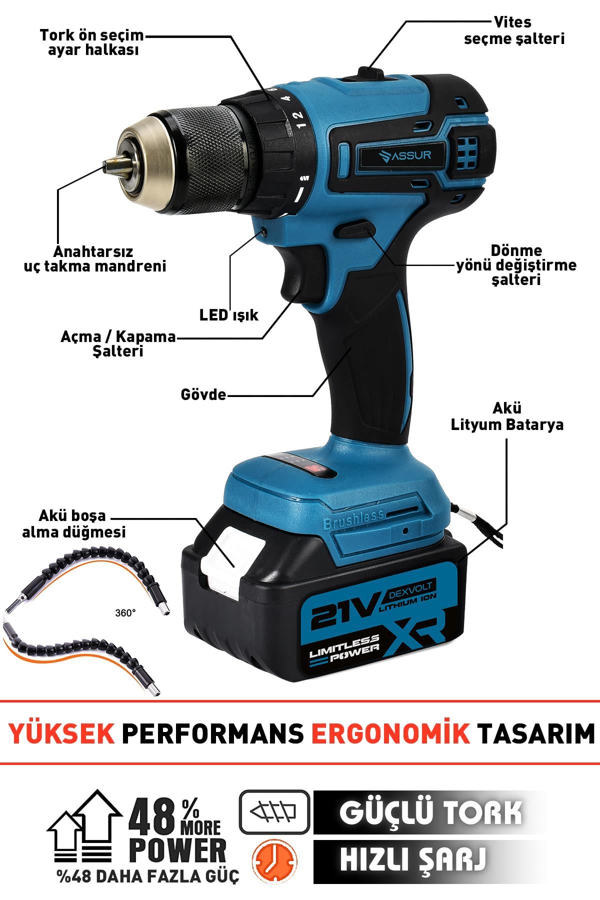 Assur Bakır Sargı 21V 2.0Ah Li-ion Vidalama Kömürsüz Motor Profesyonel Şarjlı Matkap