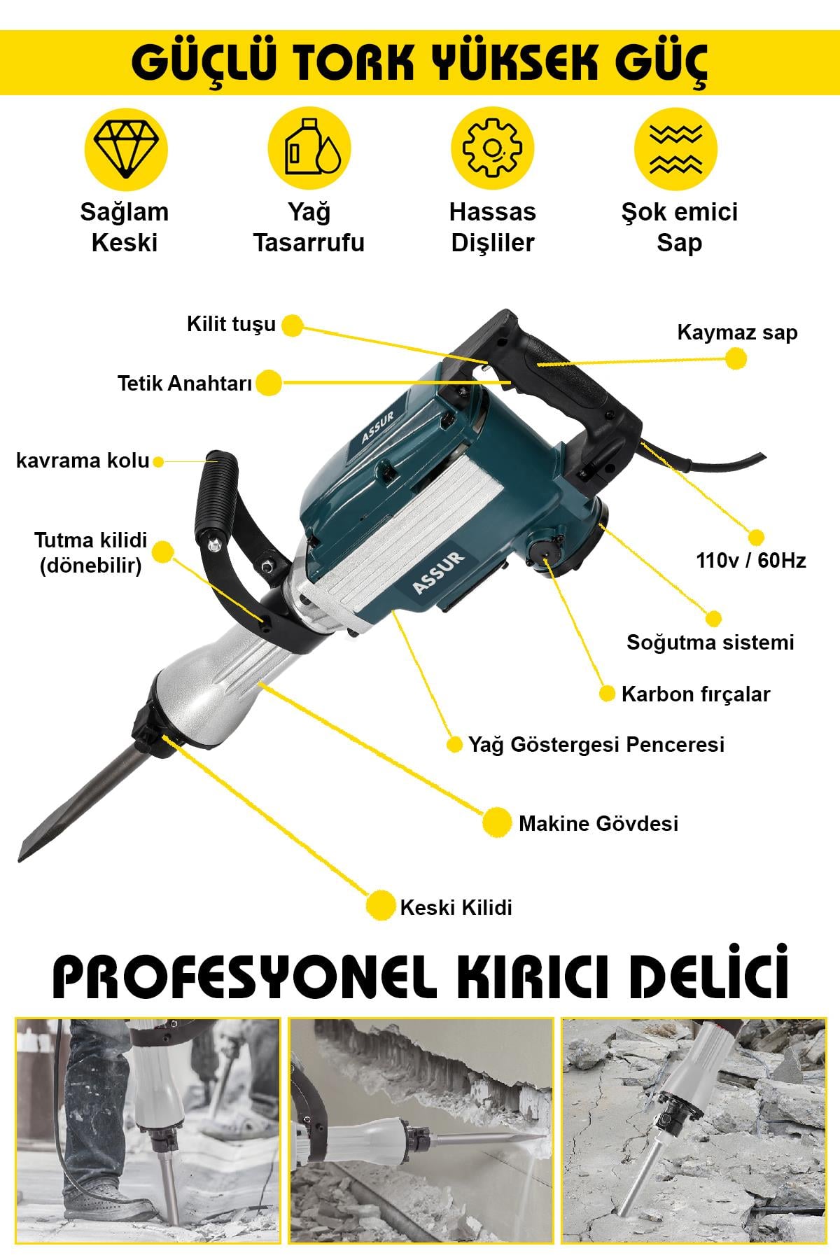 Assur Büyük Tip Kırıcı Delici Hilti Kavrama Kollu 16 Kg 3 Metre Kablolu 65mm