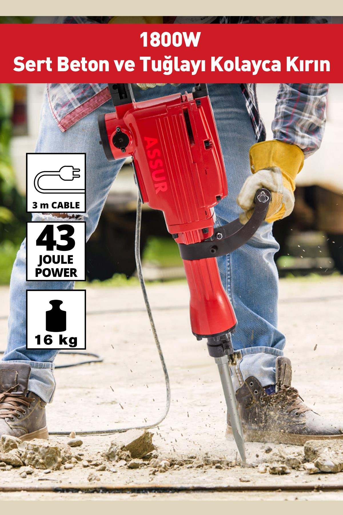 Assur Büyük Tip Kırıcı Hilti Kavrama Kollu 16 Kg 3 Metre Kablolu 65mm