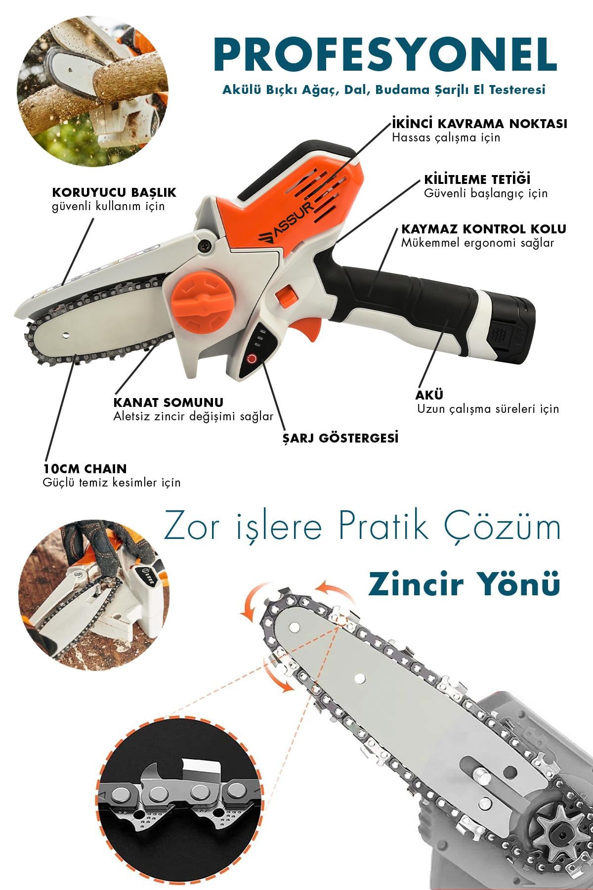 Assur Çantalı Şarjlı Akülü Bıçkı Odun Ağaç Kesme Dal Budama