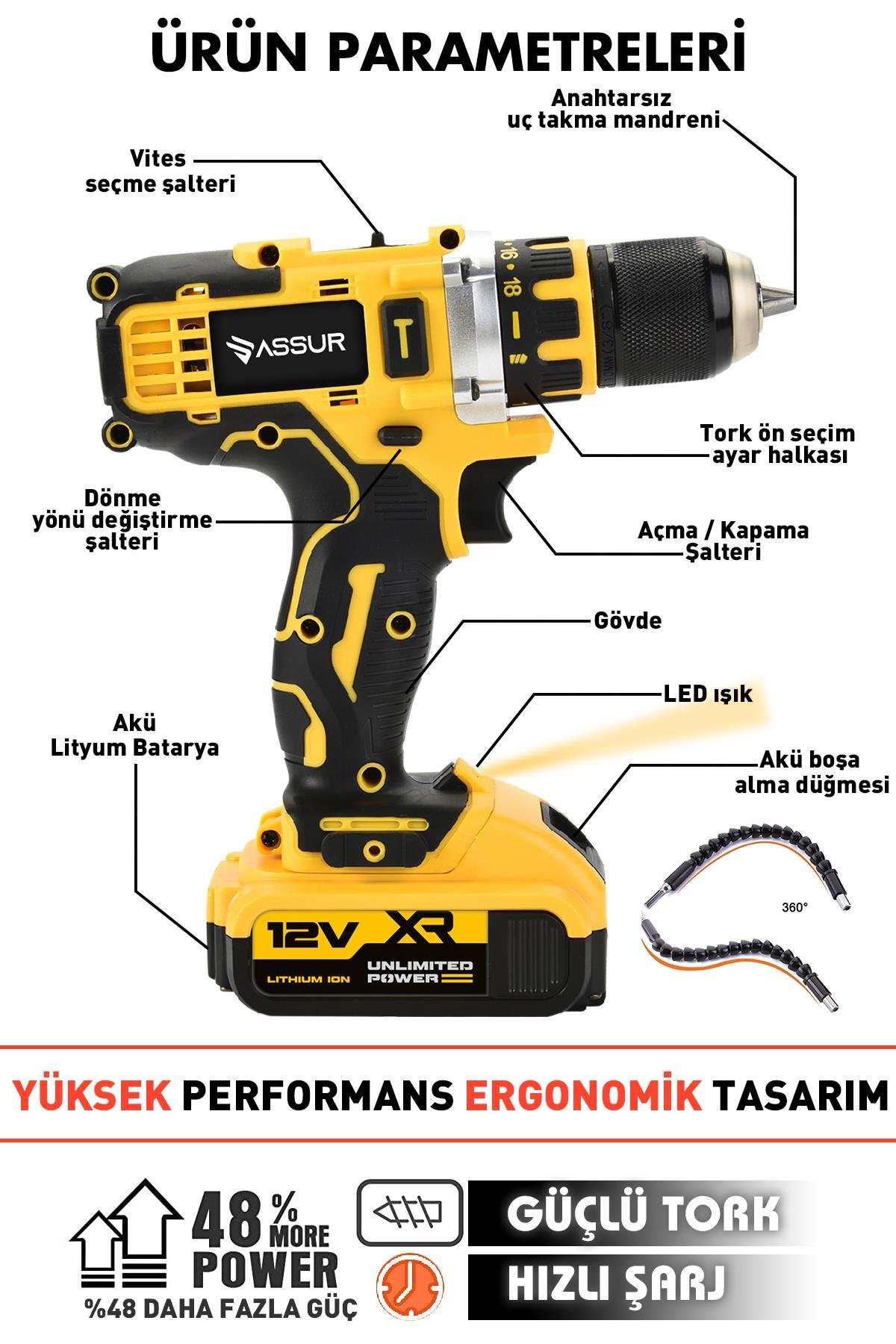 Assur Çift Akülü 12 Köşe 360° Otomatik Hizalamalı Lazer Metre ve Çelik Mandren 84 Parça Şarjlı Matkap