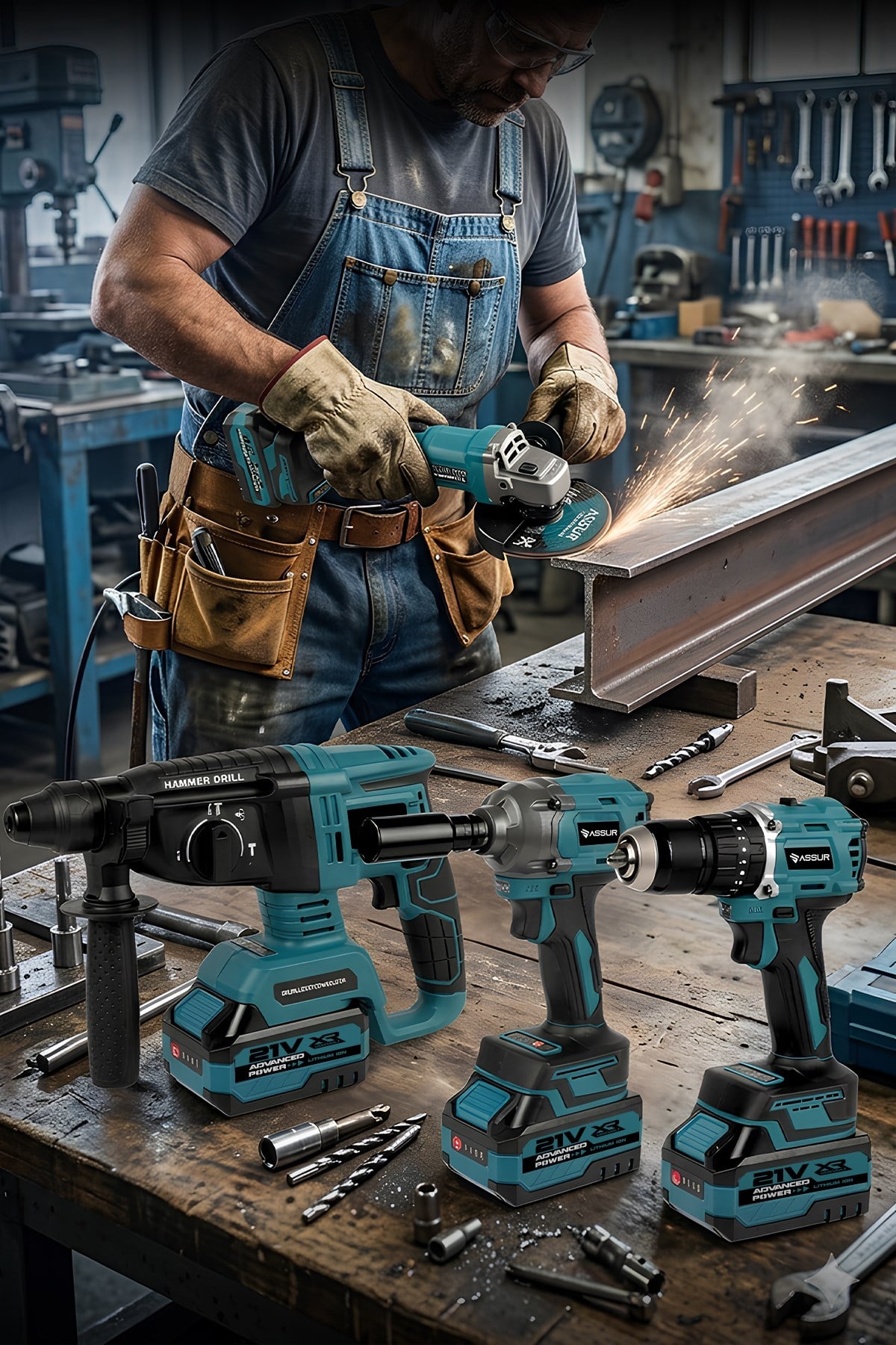 Assur Plus 21V Darbeli Kömürsüz Kırıcı Delici Hilti & Matkap & Somun Sıkma Sökme & Taşlama 4'lü Set