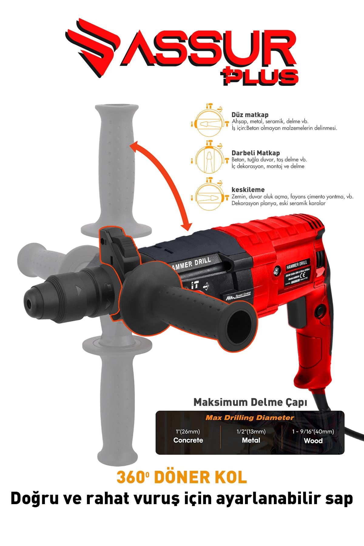 Assur Plus Profesyonel Metal Şanzıman Kırıcı Delici Hilti Darbeli Matkap 2-28mm
