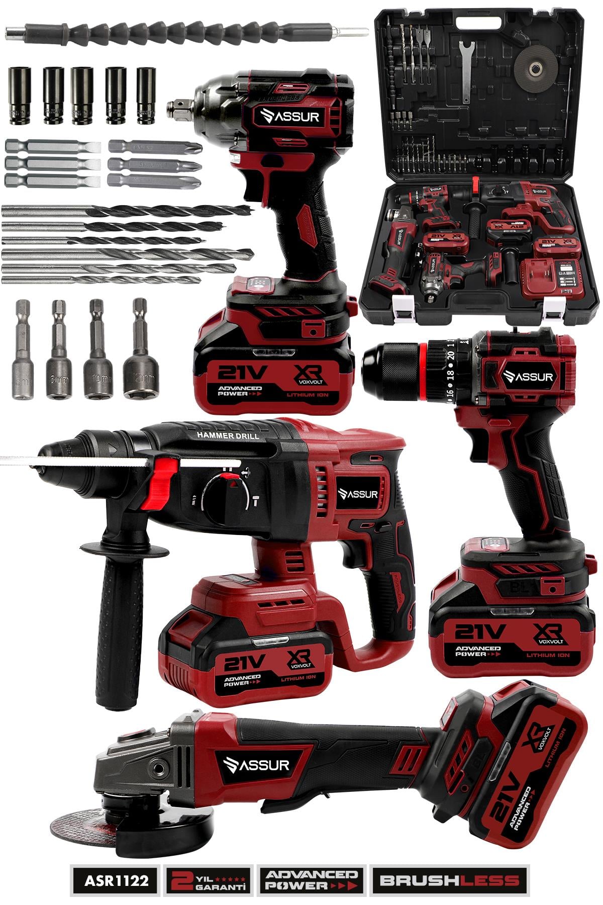 Assur Profesyonel 21V 4'lü Set Somun Sıkma Sökme & Matkap & Kırıcı Delici Hilti & Taşlama