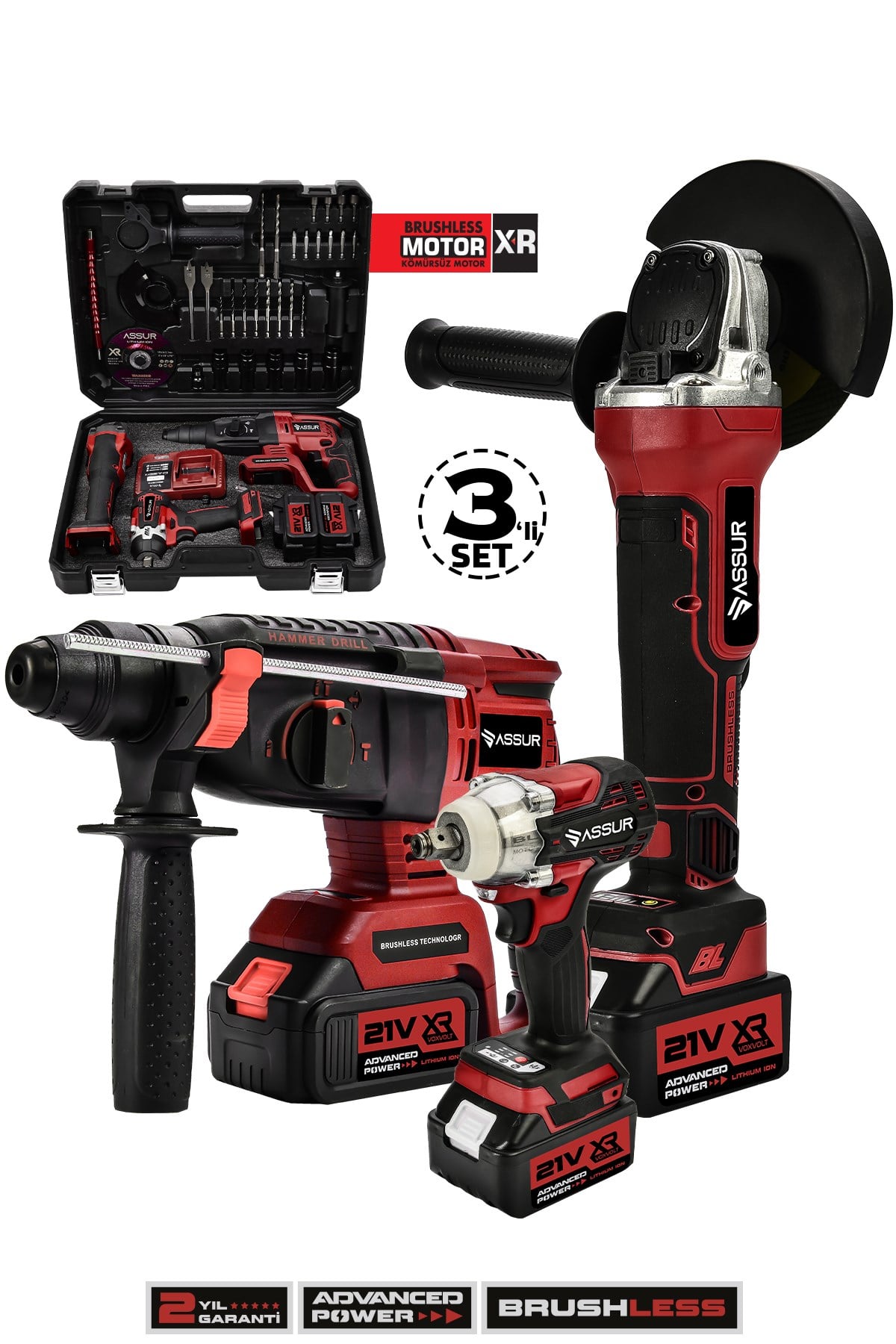 Assur Profesyonel 21V Çift Akü Kırıcı Delici Hilti 2-26mm + Somun Sıkma Sökme + Taşlama 3'lü Set