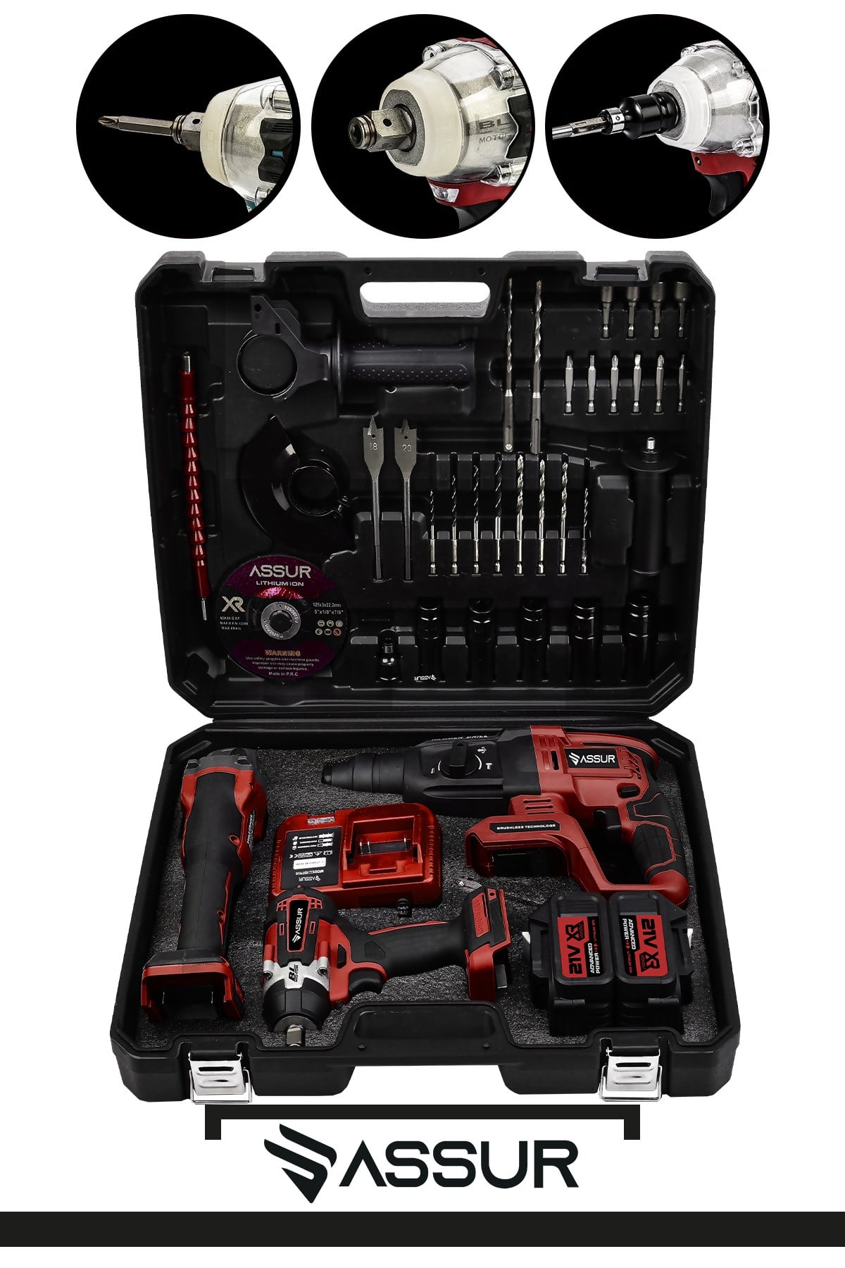 Assur Profesyonel 21V Çift Akü Kırıcı Delici Hilti 2-26mm + Somun Sıkma Sökme + Taşlama 3'lü Set