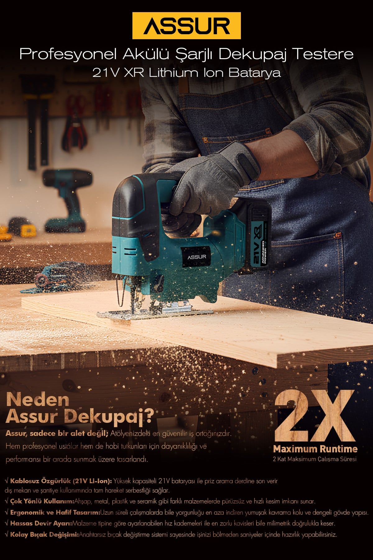 Assur Profesyonel 21V Çift Akülü Metal Şanzıman Dekupaj Testere Makinesi
