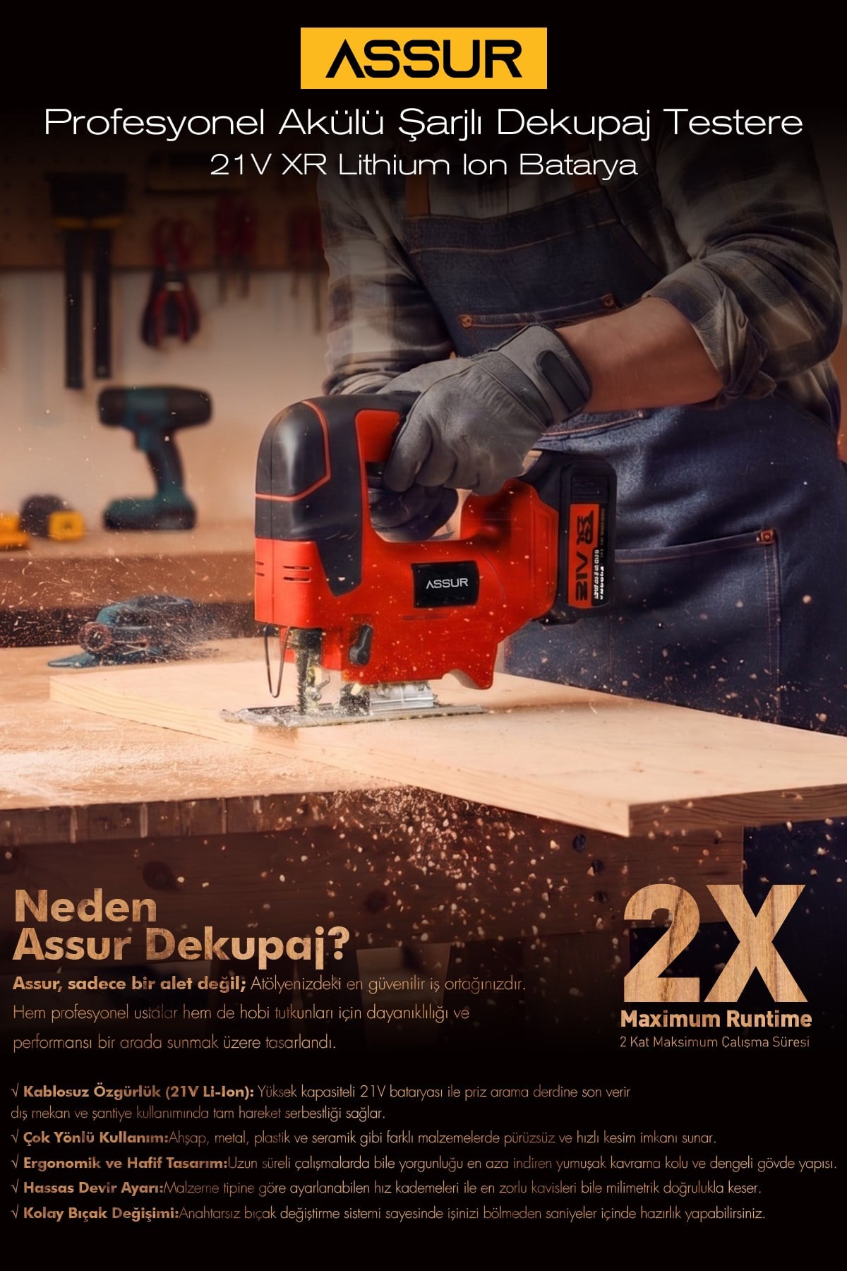Assur Profesyonel 21V Çift Akülü Metal Şanzıman Dekupaj Testere Makinesi