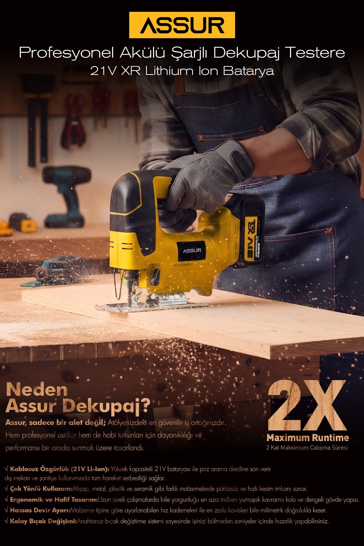 Assur Profesyonel 21V Çift Akülü Metal Şanzıman Dekupaj Testere Makinesi