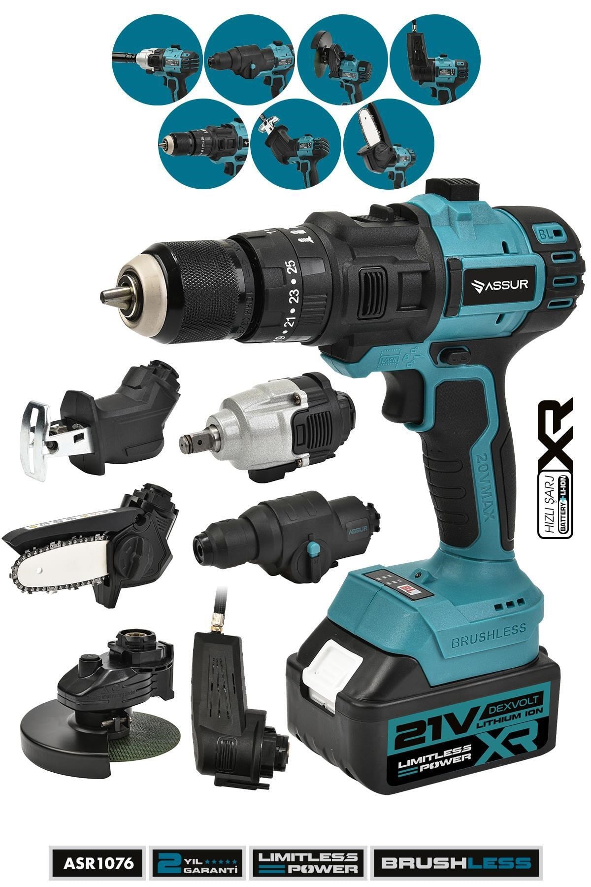 Assur Profesyonel 7 Başlıklı Set 21V Vidalama Taşlama Somun Sıkma Tilki Kuyruğu Budama Hava Pompası Hilti