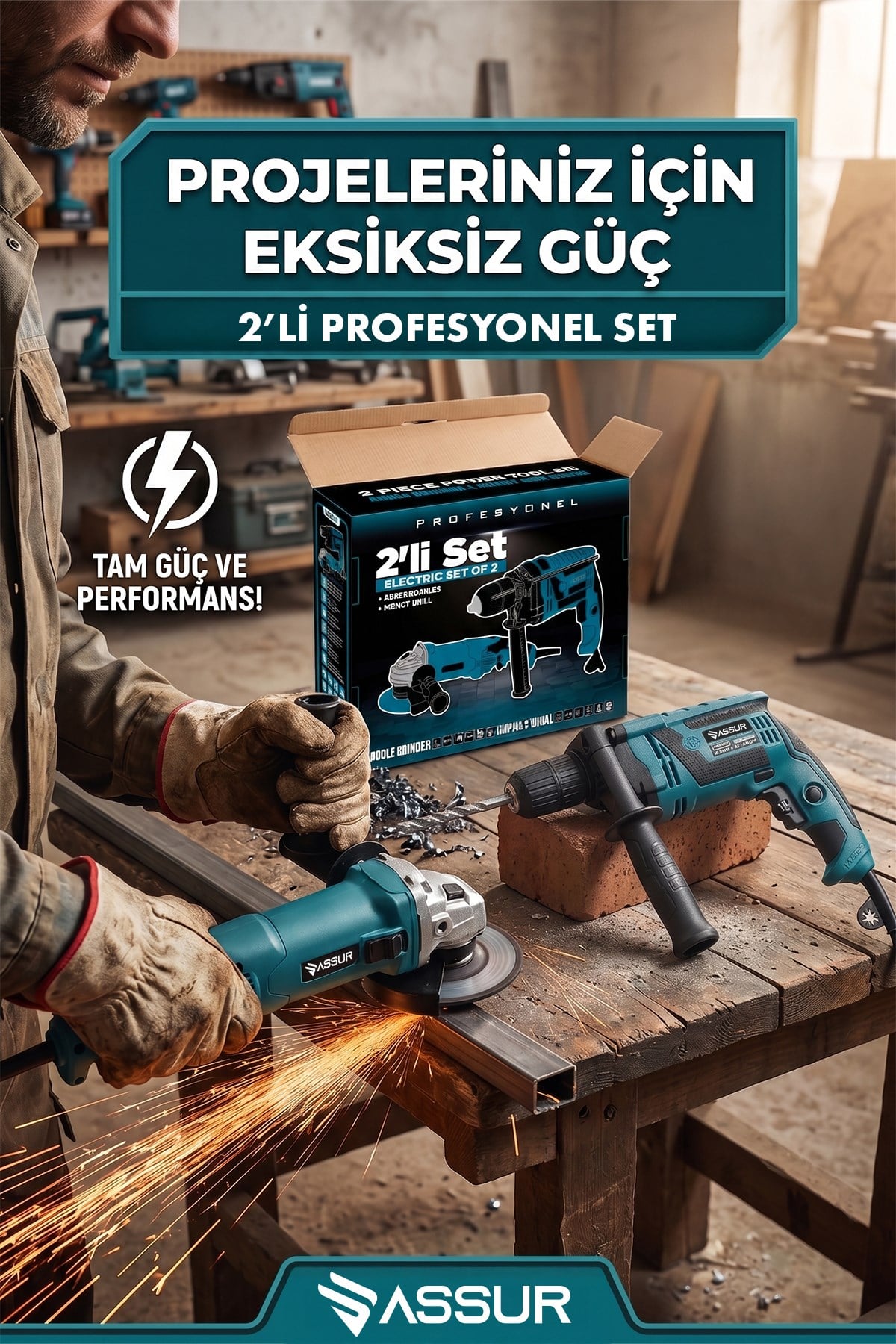 Assur Profesyonel Elektrikli 2'li Set Taşlama,Matkap