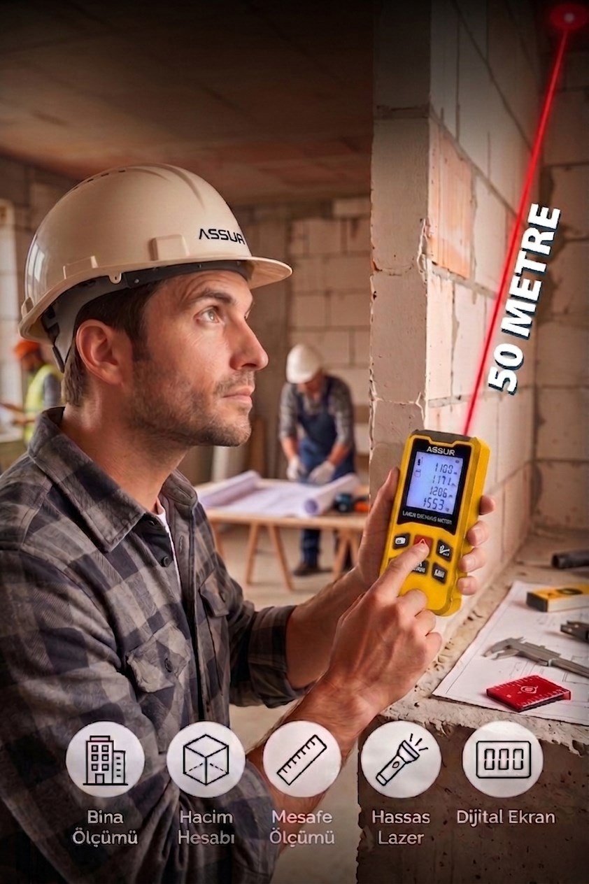 Assur Profesyonel Lazer Terazili Dijital Mesafe Ölçer 50 Metre Ölçüm Cihazı Sarı Lazer Metre