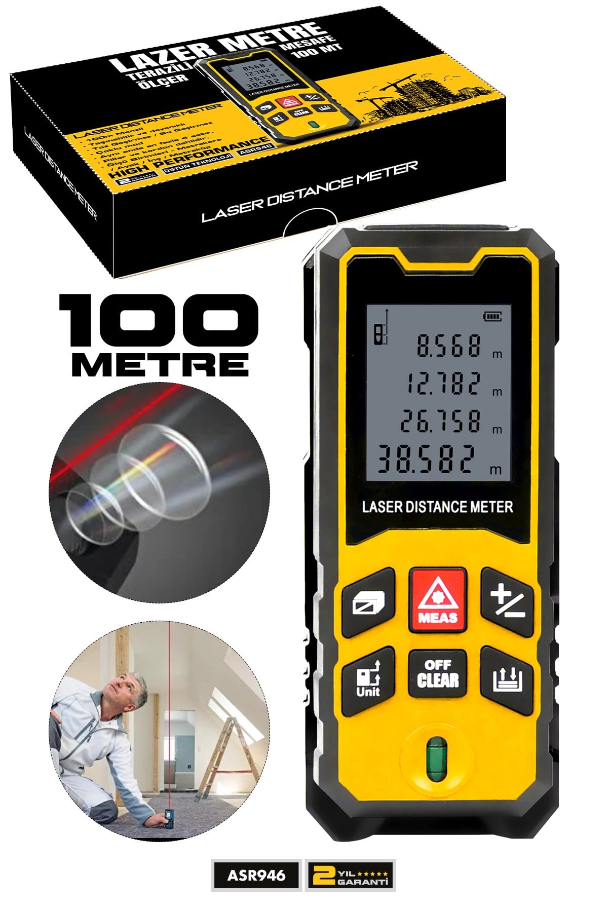 Assur Profesyonel Lazer Terazili Dijital Mesafe Ölçer 100 Metre Ölçüm Cihazı Sarı Lazer Metre