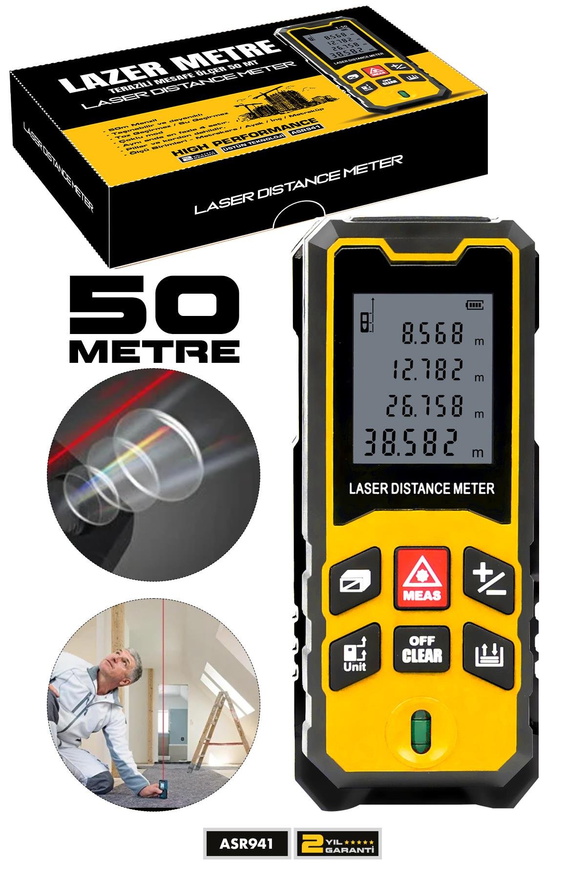 Assur Profesyonel Lazer Terazili Dijital Mesafe Ölçer 50 Metre Ölçüm Cihazı Sarı