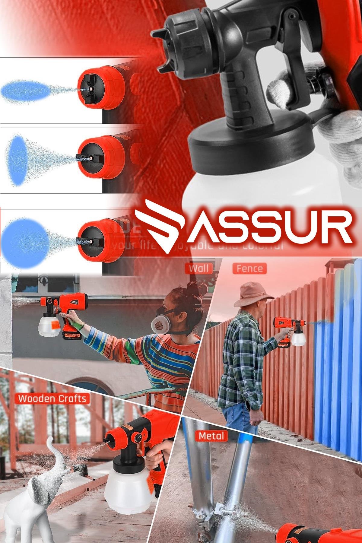 Assur Yüksek Basınçlı Çift Akülü Sprey Boya Püskürtme Tabancası Kırmızı