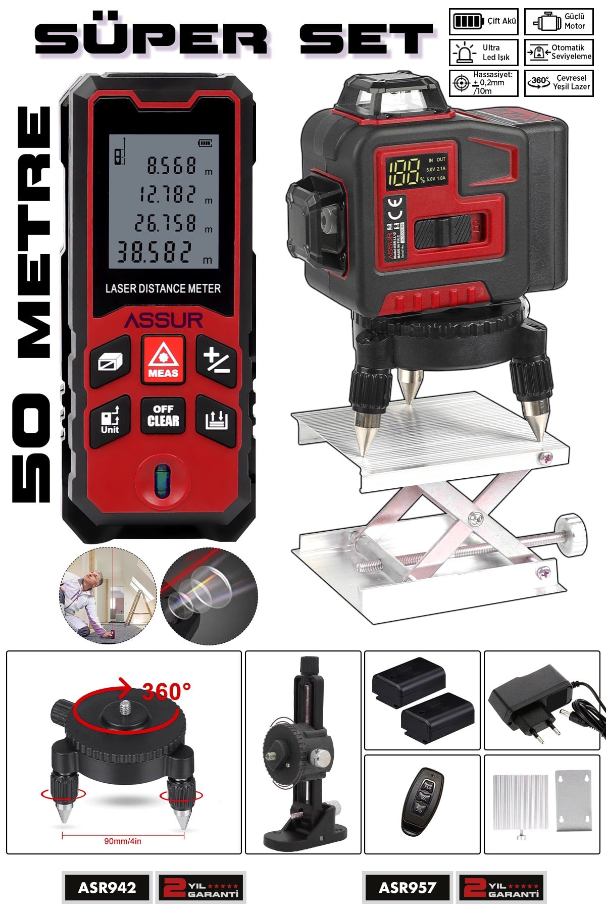 Lazer Metre + 360° 12 Köşe Otomatik Hizalamalı Yeşil Çizgili Su Terazili Lazer Metre Hizalama