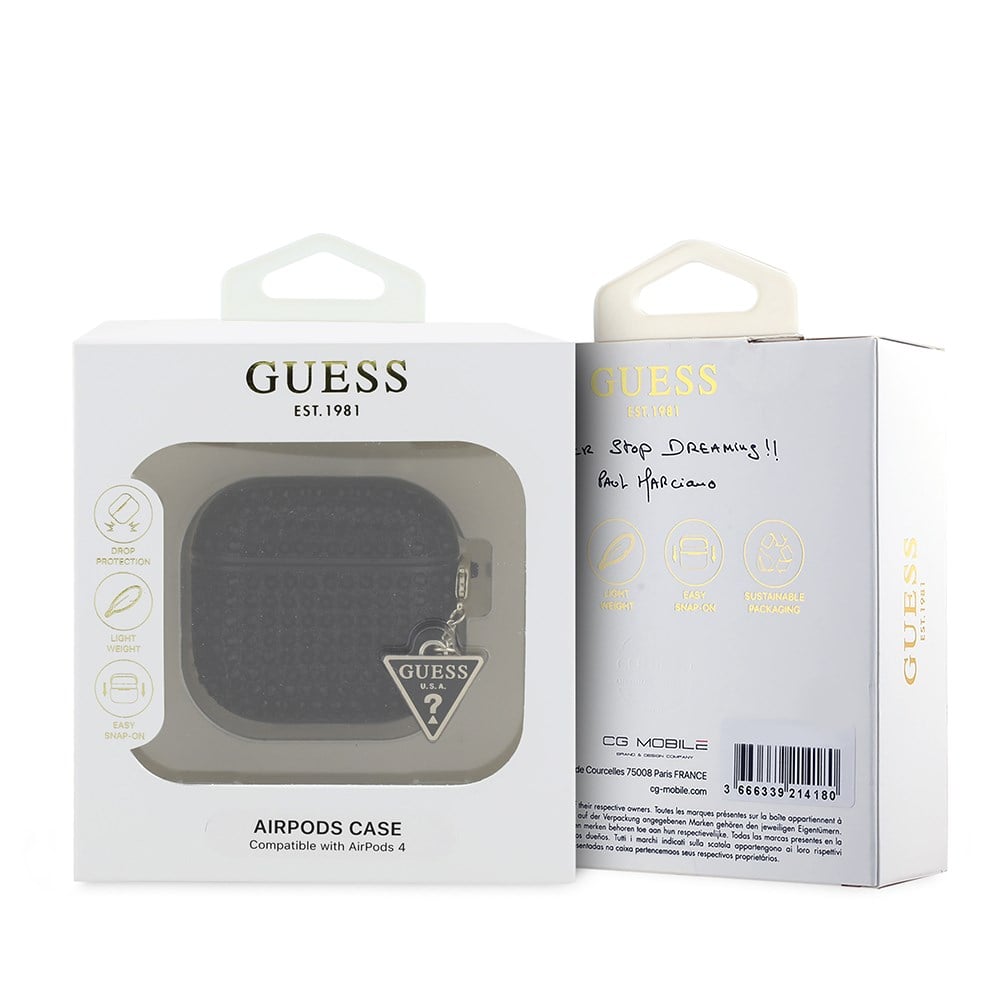 Apple Airpods 4 Kılıf Guess Orjinal Lisanslı Parıltılı Taş Kaplamalı Üçgen Logo Süs Zincirli Kapak