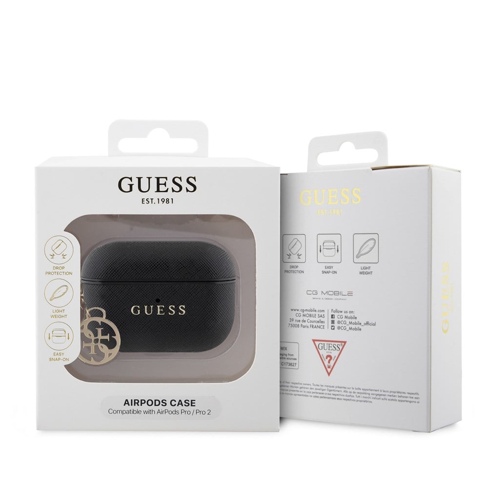 Apple Airpods Pro 2 Kılıf Guess Orjinal Lisanslı Dokulu 4G Yuvarlak Süs Zincirli Saffiano Kılıf