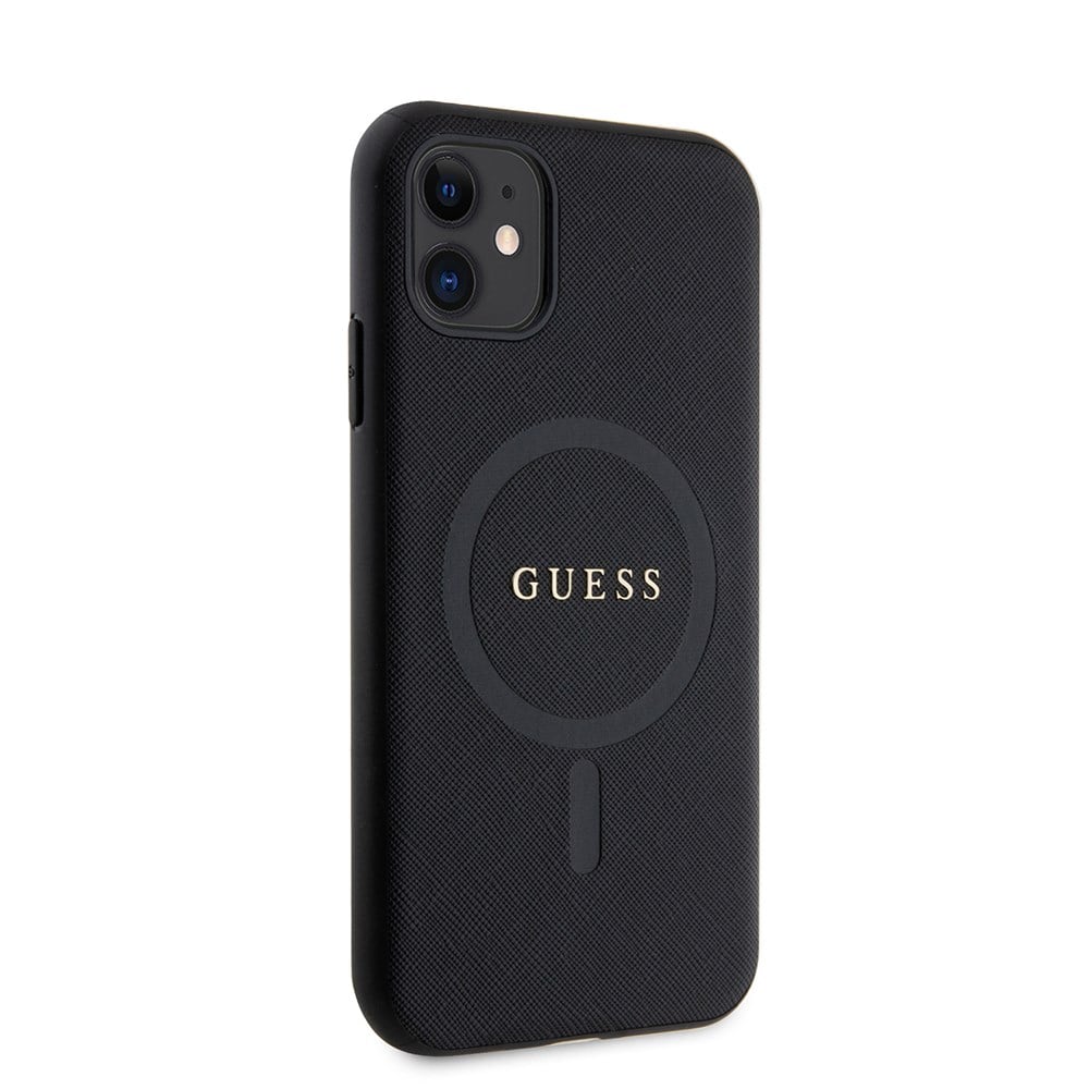 Apple iPhone 11 Kılıf Guess Orjinal Lisanslı M-safe Şarj Özellikli Yazı Logolu Saffiano Classic Kapak