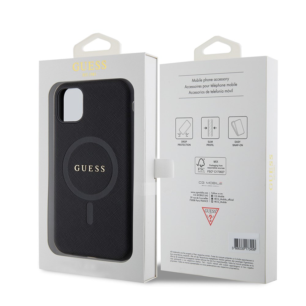 Apple iPhone 11 Kılıf Guess Orjinal Lisanslı M-safe Şarj Özellikli Yazı Logolu Saffiano Classic Kapak