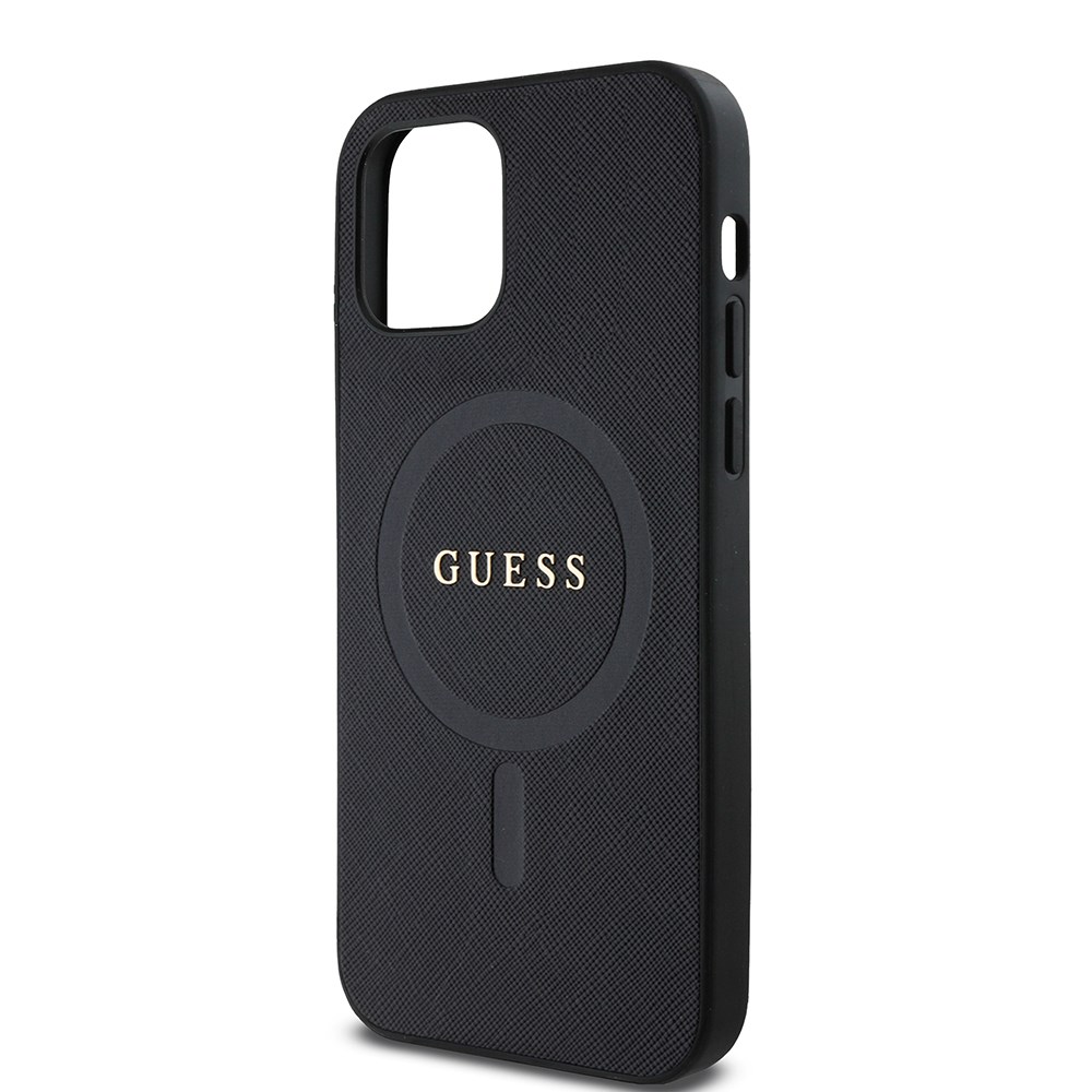 Apple iPhone 12 Kılıf Guess Orjinal Lisanslı M-safe Şarj Özellikli Yazı Logolu Saffiano Classic Kapak