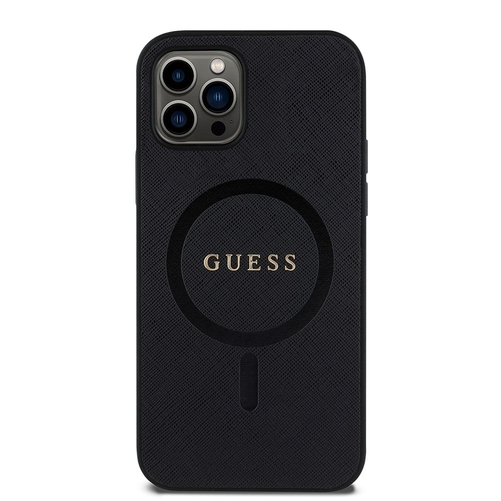 Apple iPhone 12 Pro Kılıf Guess Orjinal Lisanslı M-safe Şarj Özellikli Yazı Logolu Saffiano Classic Kapak