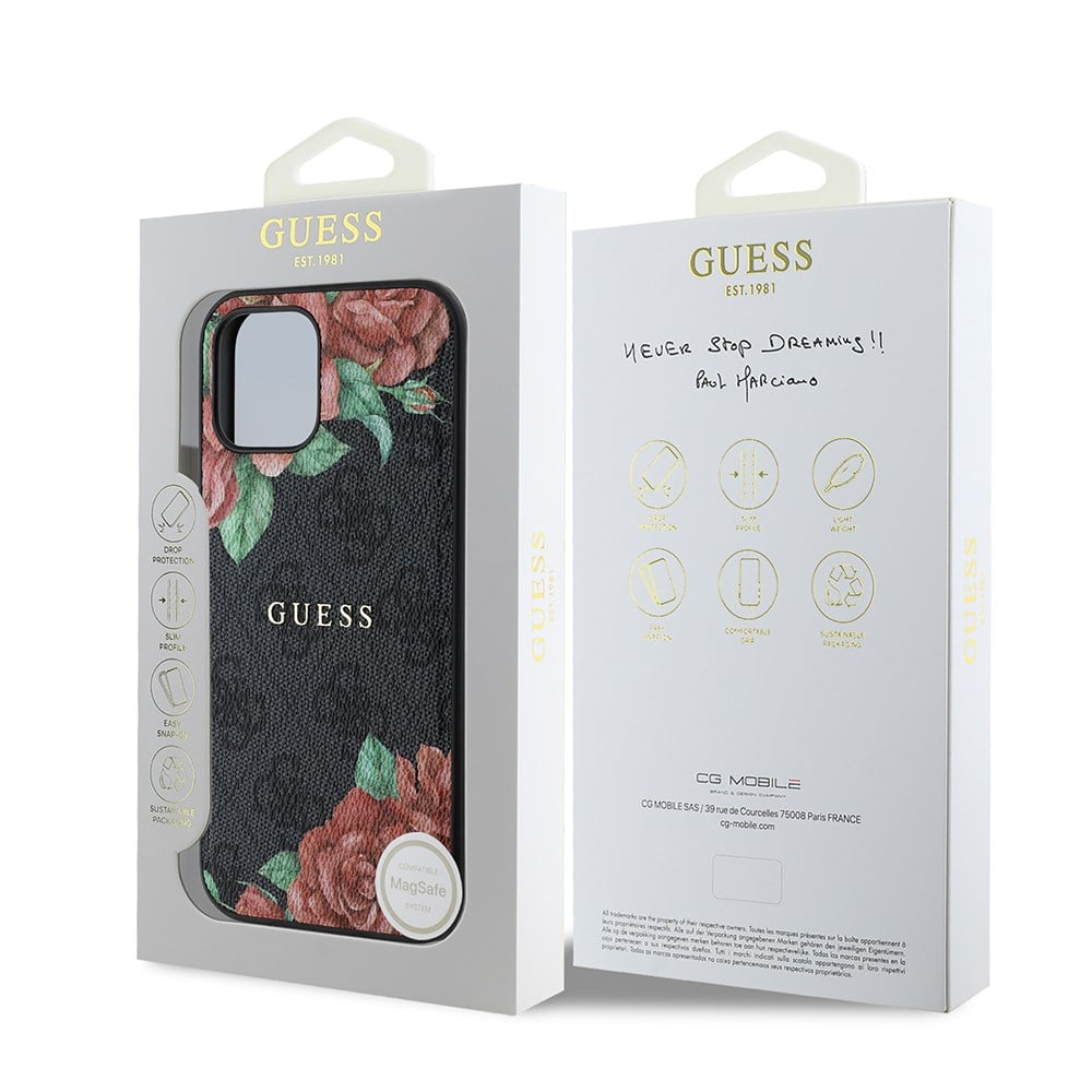 Apple iPhone 12 Pro Kılıf Guess Orjinal Lisanslı M-safe Şarj Özellikli Gül Baskılı 4G Desenli Yazı Logolu Kapak