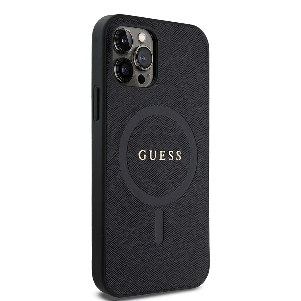 Apple iPhone 12 Pro Kılıf Guess Orjinal Lisanslı M-safe Şarj Özellikli Yazı Logolu Saffiano Classic Kapak