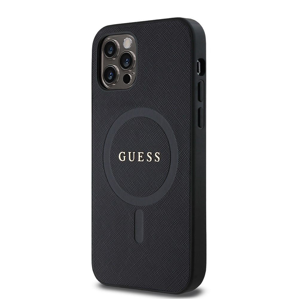 Apple iPhone 12 Pro Kılıf Guess Orjinal Lisanslı M-safe Şarj Özellikli Yazı Logolu Saffiano Classic Kapak