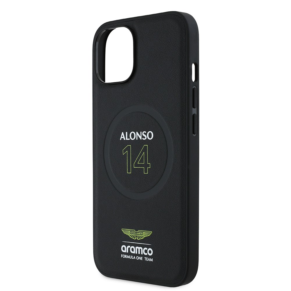Apple iPhone 14 Kılıf Aston Martin Orjinal Lisanslı M-safe Şarj Özellikli PU Deri Alonso 14 Baskılı Kapak