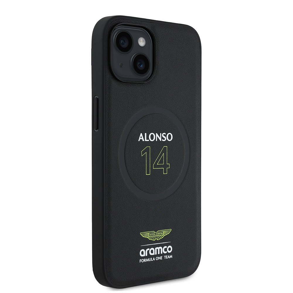 Apple iPhone 14 Kılıf Aston Martin Orjinal Lisanslı M-safe Şarj Özellikli PU Deri Alonso 14 Baskılı Kapak