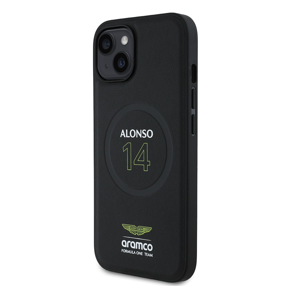 Apple iPhone 14 Kılıf Aston Martin Orjinal Lisanslı M-safe Şarj Özellikli PU Deri Alonso 14 Baskılı Kapak