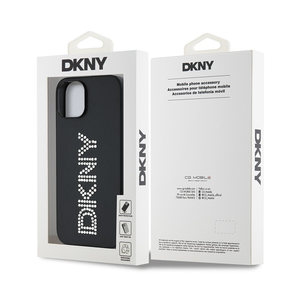 Apple iPhone 14 Kılıf DKNY Orjinal Lisanslı Taşlı DKNY Yazılı Metalik Rhinestones PU Deri Kapak