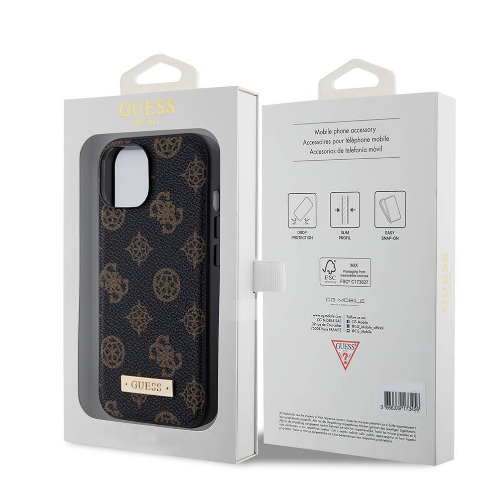 Apple iPhone 14 Kılıf Guess M-safe Şarj Özellikli PU Deri Desenli Metal Plaka Logolu Kapak