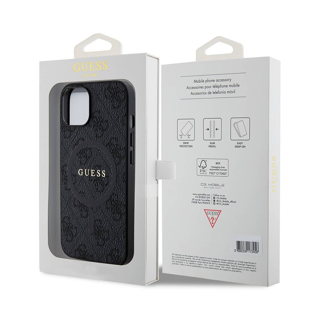 Apple iPhone 14 Kılıf Guess Orjinal Lisanslı M-safe Şarj Özellikli PU Halkalı 4G Desenli Yazı Logolu Kapak