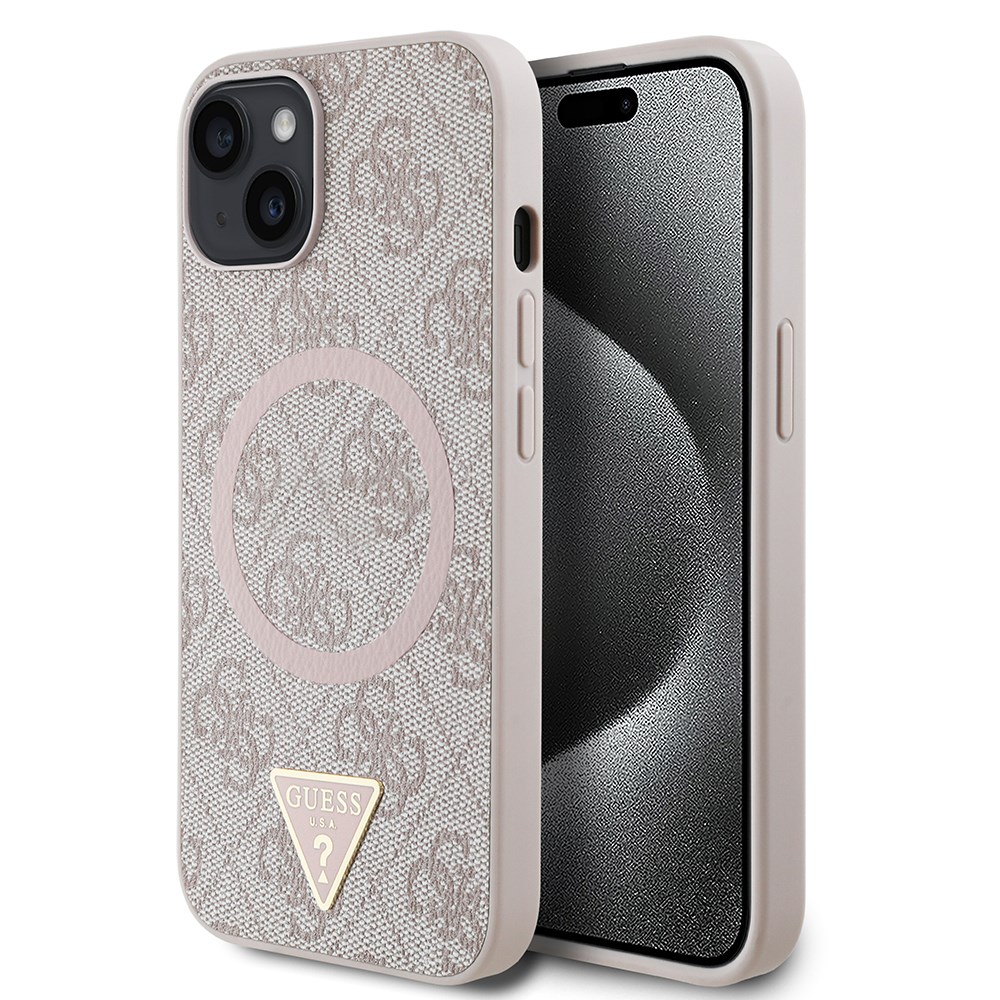 Apple iPhone 14 Kılıf Guess Orjinal Lisanslı M-safe Şarj Özellikli PU Üçgen Logo 4G Desenli Kapak