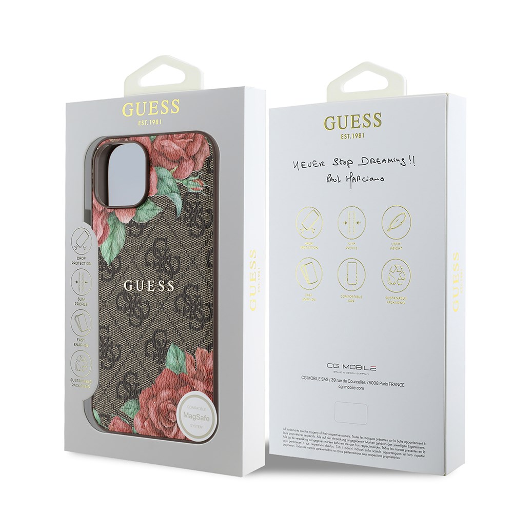 Apple iPhone 14 Kılıf Guess Orjinal Lisanslı M-safe Şarj Özellikli Gül Baskılı 4G Desenli Yazı Logolu Kapak