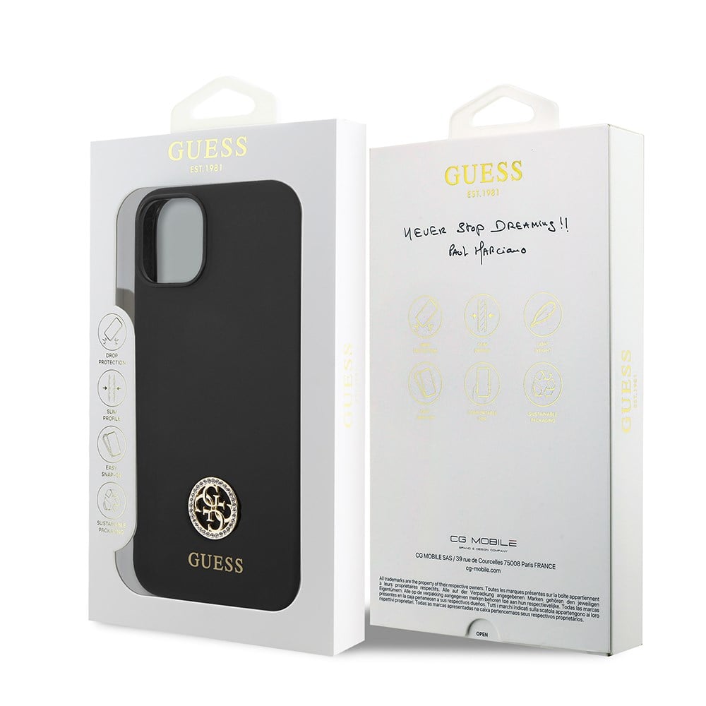 Apple iPhone 14 Kılıf Guess Orjinal Lisanslı Yazı ve Taşlı 4G Logolu Silikon Kapak