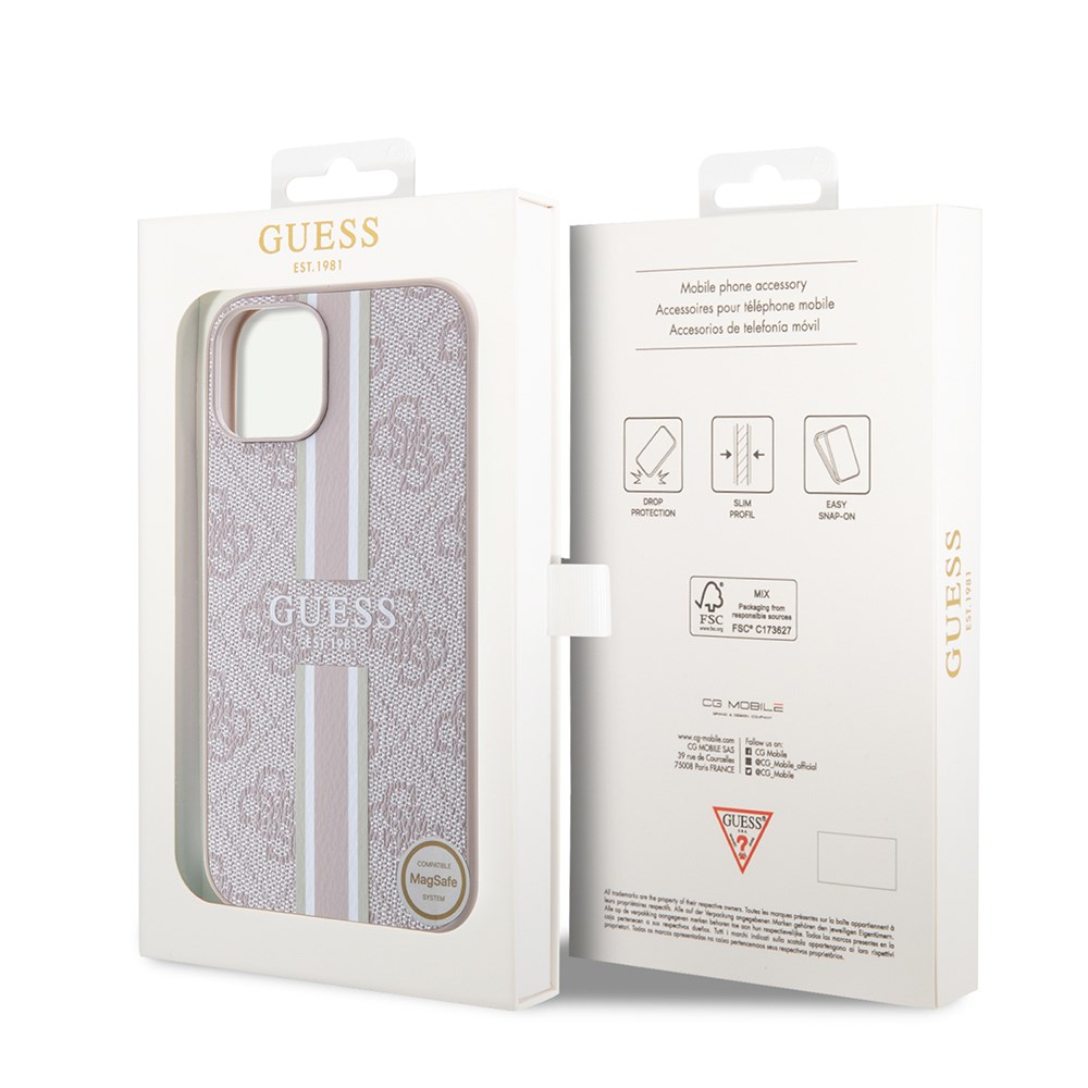 Apple iPhone 14 Kılıf Guess Orjinal Lisanslı M-safe Şarj Özellikli 4G Şerit Tasarımlı Printed Kapak