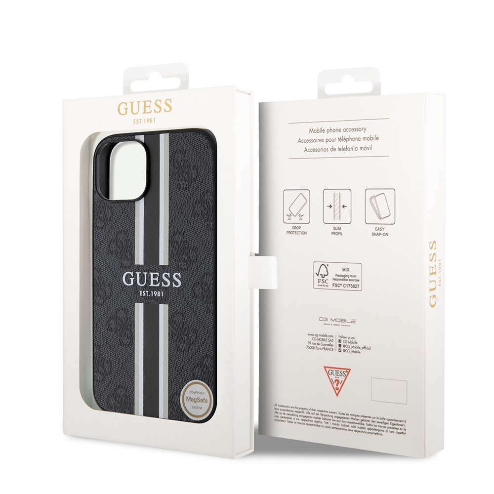 Apple iPhone 14 Kılıf Guess Orjinal Lisanslı M-safe Şarj Özellikli 4G Şerit Tasarımlı Printed Kapak