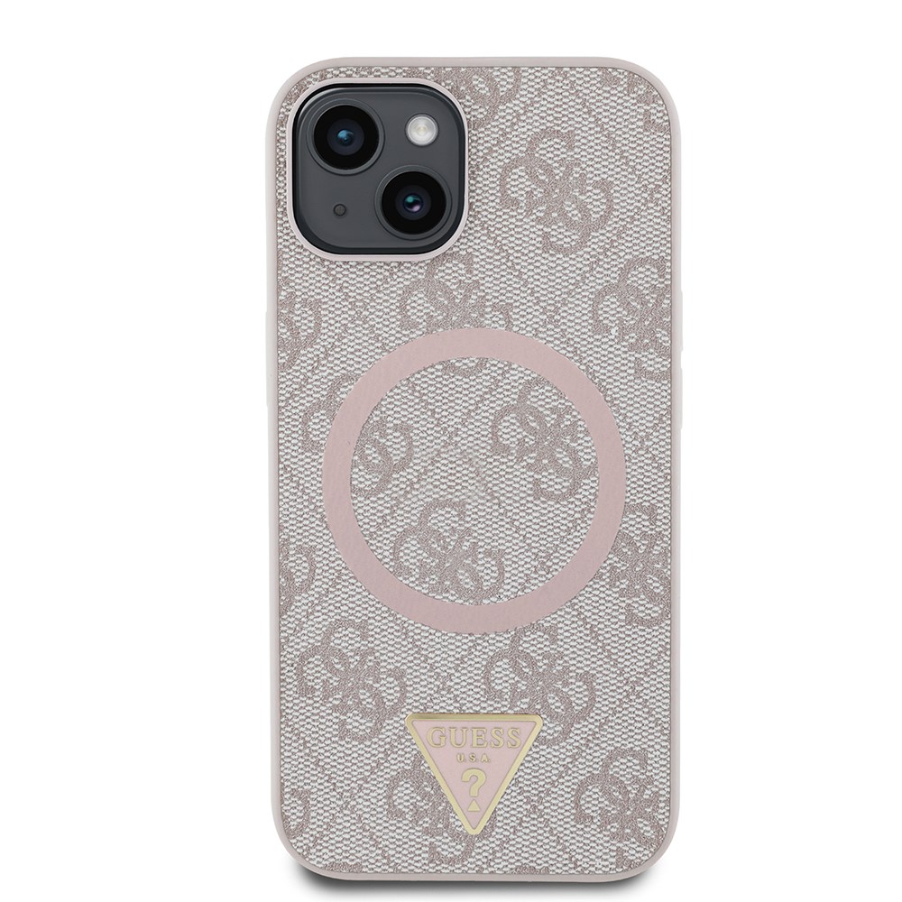 Apple iPhone 14 Kılıf Guess Orjinal Lisanslı M-safe Şarj Özellikli PU Üçgen Logo 4G Desenli Kapak