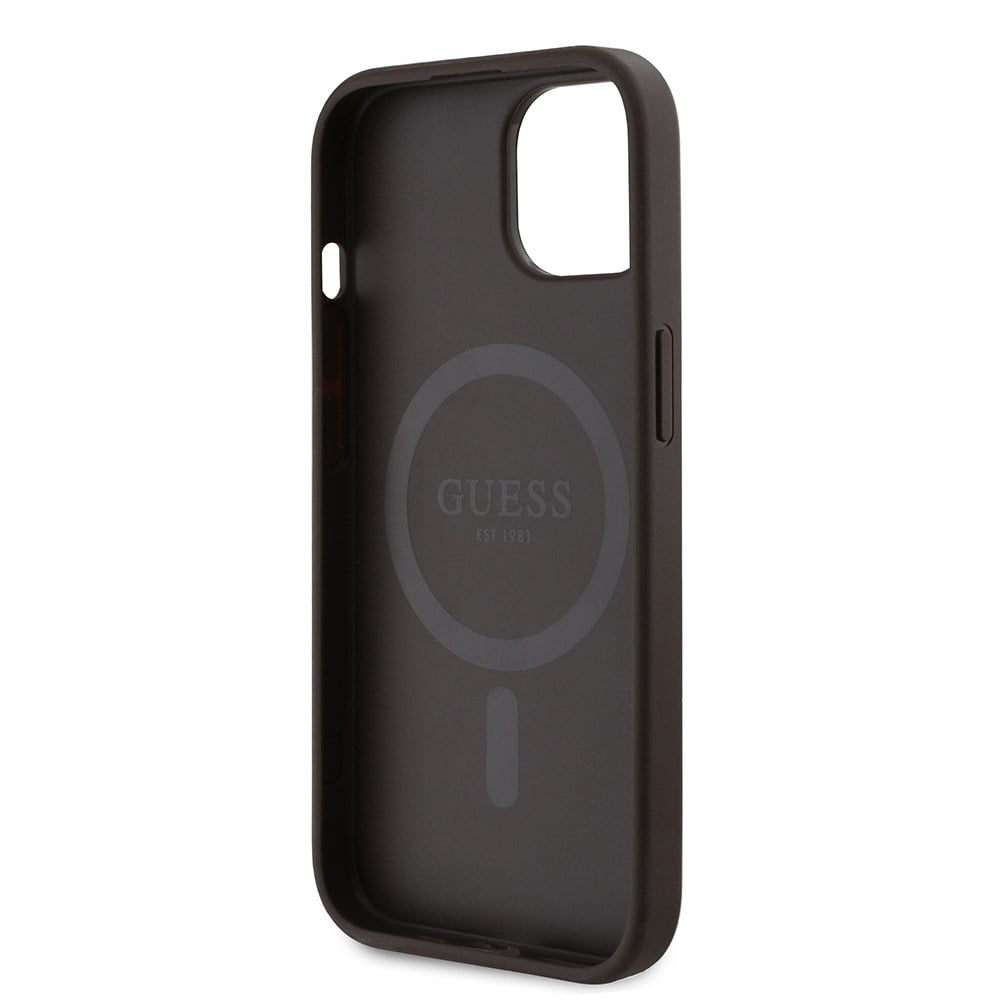 Apple iPhone 14 Kılıf Guess Orjinal Lisanslı M-safe Şarj Özellikli PU Üçgen Logo 4G Desenli Kapak