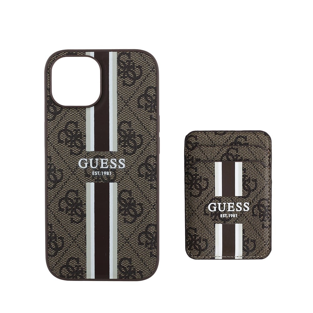 Apple iPhone 14 Kılıf Guess Orjinal Lisanslı M-safe Şarj Özellikli 4G Desenli Çizgili Kartlıklı Kapak
