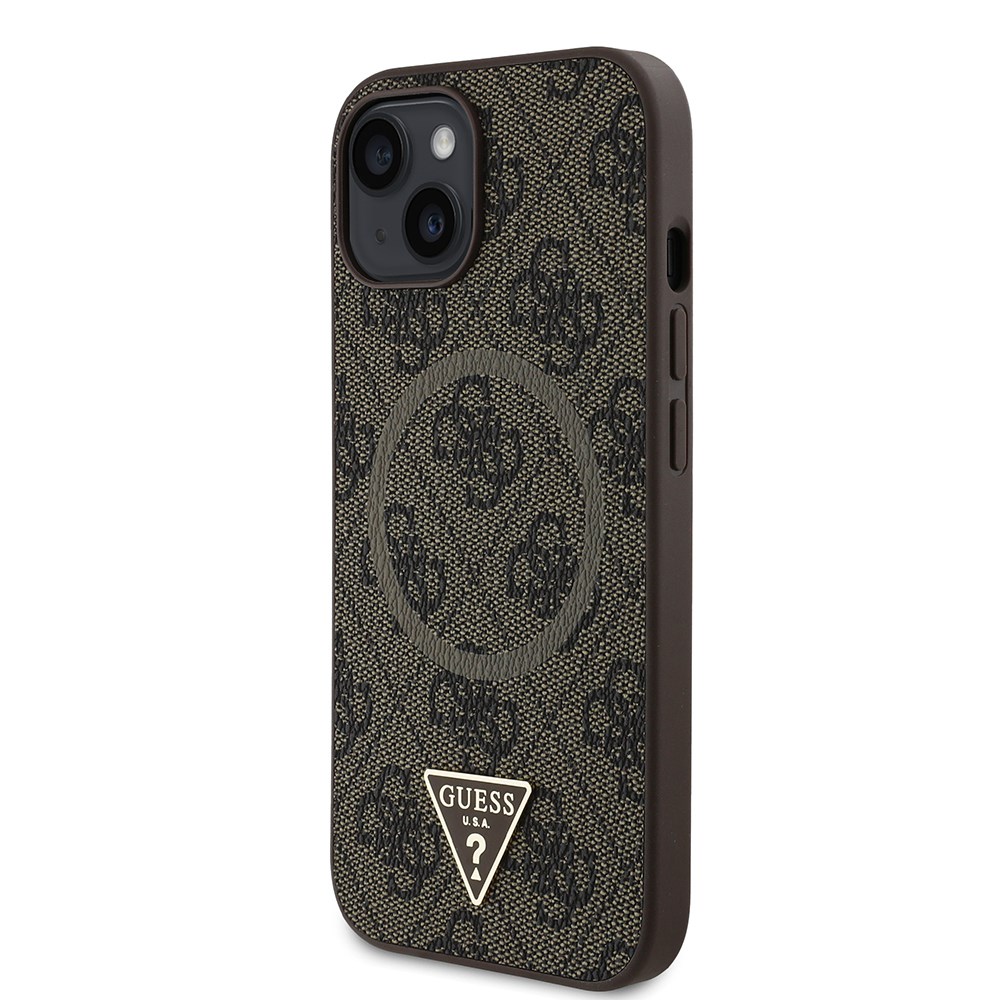 Apple iPhone 14 Kılıf Guess Orjinal Lisanslı M-safe Şarj Özellikli PU Üçgen Logo 4G Desenli Kapak