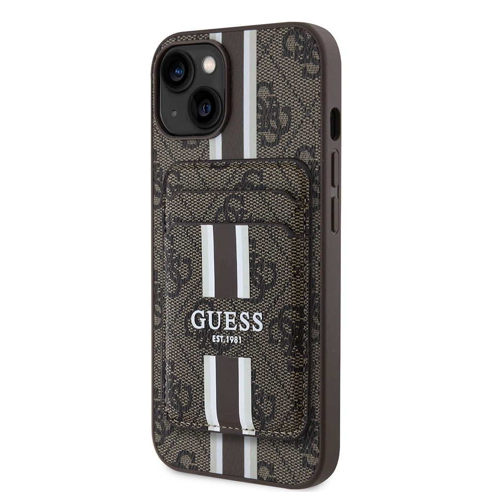 Apple iPhone 14 Kılıf Guess Orjinal Lisanslı M-safe Şarj Özellikli 4G Desenli Çizgili Kartlıklı Kapak