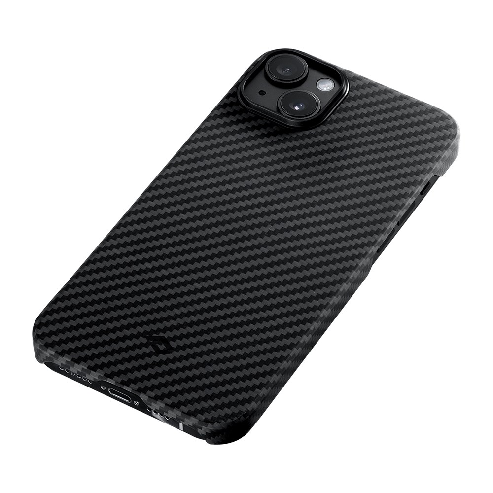 Apple iPhone 14 Kılıf M-safe Şarj Özellikli 1500D Aramid Fiber Pitaka Ultra-Slim Classic Serisi Black-Grey Twill Kapak